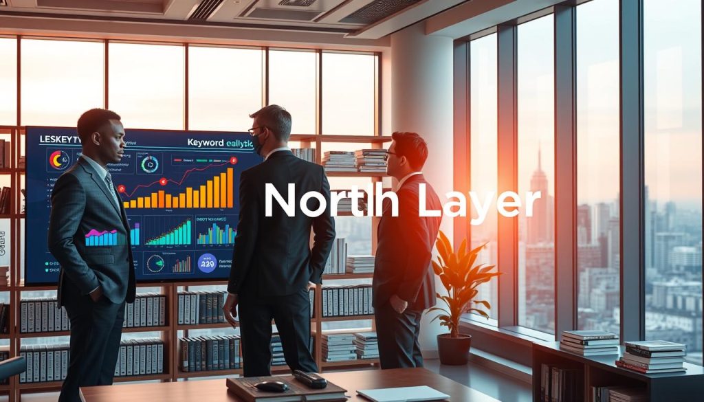 A sleek, modern office space filled with advanced technology tools representing AI-powered SEO strategies. In the foreground, a diverse group of three professionals (one Black, one Asian, one Caucasian) in professional business attire, discussing a large digital screen displaying colorful graphs, charts, and keyword analysis with glowing elements. In the middle, shelves lined with SEO books and digital devices, showcasing the latest AI software tools. The background features large windows with a city skyline, bathed in warm, natural light, creating an inviting atmosphere. The overall mood is collaborative and innovative, with a focus on success and growth in digital marketing. Include the brand name "North Layer" subtly integrated into the scene as part of the digital interface.