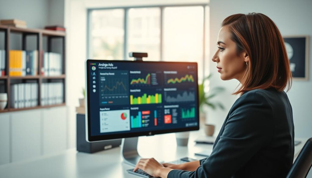 A sleek, modern workspace featuring a desktop computer displaying colorful analytics dashboards for Google Ads. In the foreground, a professional woman in business attire is intently reviewing the data, her expression focused and thoughtful. The middle ground showcases various digital marketing assessment tools displayed on the screen, featuring charts, graphs, and key performance indicators. In the background, shelves lined with books on digital marketing and a soft-focus view of a bright, well-decorated office environment create a productive atmosphere. Soft, natural lighting floods the scene from a large window. The overall mood is one of professionalism and analysis, ideal for a Google Ads audit. Include the brand logo "North Layer" subtly integrated into the design elements on the computer screen.