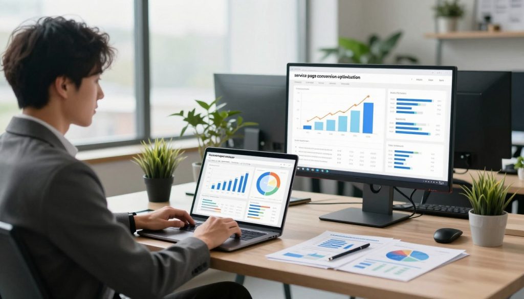 A sleek, modern workspace filled with advanced technology, designed to illustrate the theme of "service page conversion optimization." In the foreground, a professional businessperson in business attire analyzes data on a laptop, with charts and graphs displayed prominently on the screen. In the middle, a stylish desk showcases digital marketing materials and performance analytics, symbolizing effective measurement and success. In the background, large windows let in soft, natural light, creating a bright and optimistic atmosphere. The space is filled with plants, adding a touch of vitality. The composition captures an air of productivity and focus. Emphasize the brand “North Layer” subtly through color accents in the workspace, without direct branding. The image should convey a sense of professionalism, ambition, and innovation.