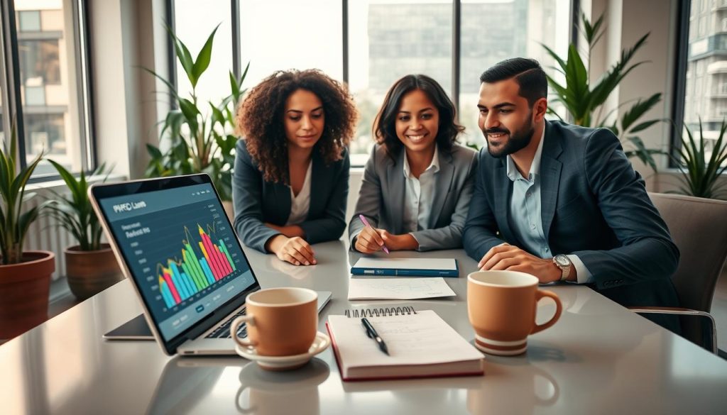 A small business office environment featuring a diverse group of three professionals gathered around a sleek table, analyzing PPC campaign performance on a laptop. In the foreground, a digital screen displays colorful graphs indicating ad spend and ROI metrics. In the middle ground, a notepad with handwritten notes and a cup of coffee represents their brainstorming session. The background showcases a modern office with potted plants and a large window allowing natural light to fill the space, creating a warm and productive atmosphere. The professionals are dressed in smart business attire, exuding a sense of focus and determination. Soft lighting emphasizes the collaborative mood, while the image reflects the theme "North Layer" through a sense of growth and strategic planning.