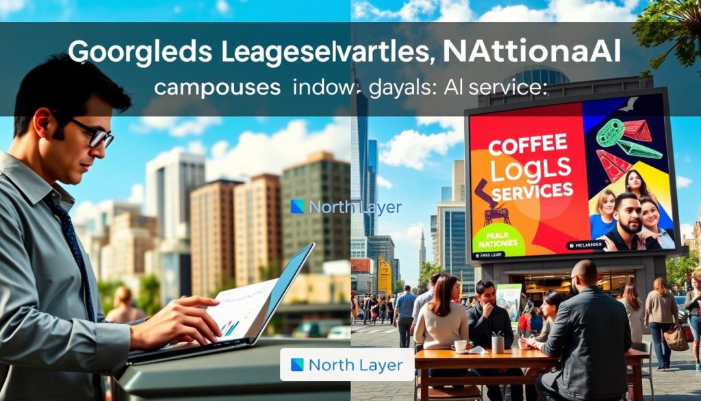 A split-screen image illustrating "Google Ads lead generation" for small businesses, emphasizing the contrast between Local and National campaigns. In the foreground, on the left, a focused entrepreneur in professional attire reviews analytics on a laptop, with graphs showing decreasing Cost Per Lead (CPL) metrics. The foreground on the right features a bustling cityscape representing national reach, with a vibrant digital billboard advertising various services. In the middle ground, a busy coffee shop scene complements the local campaign, with customers engaged in discussions, reflecting community interaction. The background showcases a blue sky with a few clouds, indicating a positive and thriving business atmosphere. The lighting is bright and inviting, simulating a warm, productive day. The brand name "North Layer" is subtly integrated into the digital ad on the billboard, enhancing the sense of dynamic online marketing.