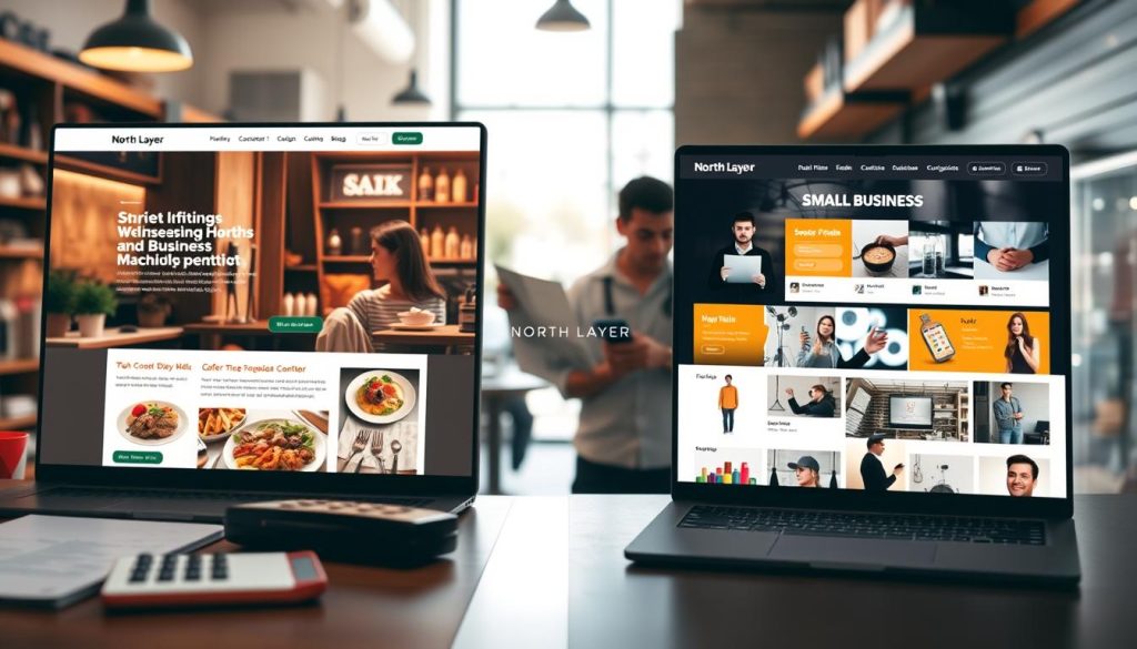 A split-screen image showcasing two contrasting website designs: on the left, a sleek restaurant website featuring an inviting layout with high-quality images of dishes, a warm color palette, and an elegant menu display. On the right, a modern e-commerce website displaying various products for sale, with clean lines, vibrant product images, and a straightforward checkout process. The foreground includes elements like a calculator and a notepad symbolizing cost calculations. The middle ground features images of small business owners examining their respective websites. The background is softly blurred, hinting at a cozy coffee shop interior on one side and a vibrant retail space on the other. The lighting is bright and welcoming, creating an optimistic atmosphere. Incorporate the brand name "North Layer" subtly into the design elements for authenticity.