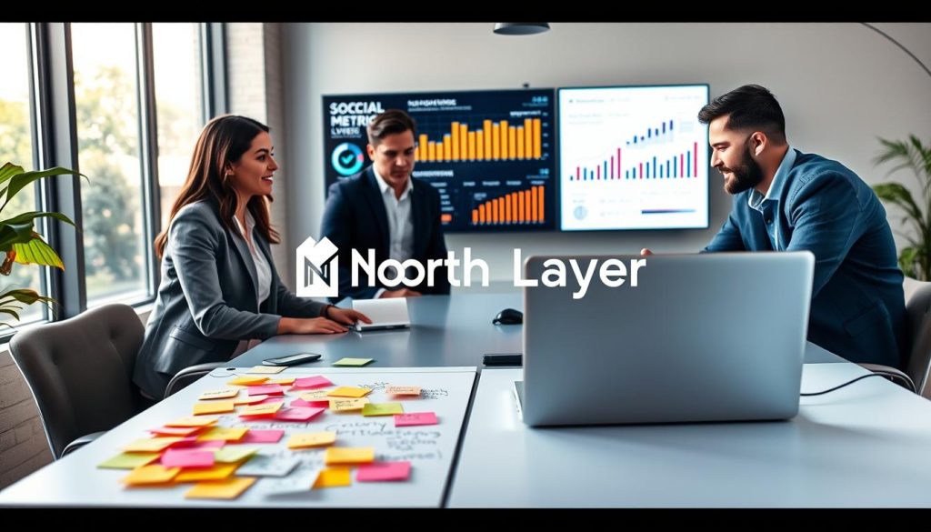 A vibrant and dynamic office space showcasing a diverse group of four professionals, one woman and three men, gathered around a modern conference table. They are engaged in a brainstorming session, analyzing social media metrics displayed on a large screen in the background. The professionals, dressed in smart business attire, exhibit expressions of focus and collaboration. Soft, natural lighting filters through large windows, creating an inspiring atmosphere. In the foreground, a whiteboard cluttered with colorful sticky notes displays ideas and goals. In the middle ground, a sleek laptop sits open, revealing graphs and charts related to social media performance. The branding "North Layer" subtly integrated into the room's decor, enhances the professional setting, symbolizing effective social media marketing strategies.