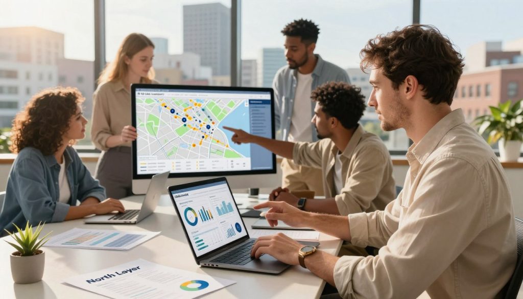 A vibrant and dynamic scene showcasing local SEO services for businesses. In the foreground, a confident business professional in smart casual attire is analyzing data on a laptop, with charts and maps displayed on the screen. In the middle ground, a diverse group of local business owners, representing different industries, collaborate around a table, pointing at a large digital map highlighting their services and target demographics. The background features a modern cityscape punctuated with neighborhood landmarks to emphasize local presence. The lighting is warm and inviting, simulating a sunny day with natural light streaming through large windows, creating a productive atmosphere. The brand name “North Layer” is subtly integrated into a marketing material on the table, reinforcing the theme of local visibility and trust.