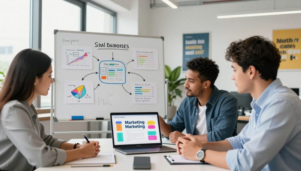 A vibrant and engaging office workspace scene emphasizing a content marketing strategy for small businesses. In the foreground, a diverse team of three professionals—two men and one woman—are gathered around a sleek conference table, reviewing a colorful digital marketing plan displayed on a laptop. They're dressed in smart casual business attire, exuding focus and collaboration. In the middle, a whiteboard is filled with brainstorming notes and ideas for promoting blog posts, showcasing charts and arrows connecting various marketing concepts. The background features large windows with natural light streaming in, highlighting a modern office environment with plants and motivational posters. The overall atmosphere is energetic and productive, symbolizing the dynamic nature of digital marketing strategies. The brand name "North Layer" subtly integrated into the workspace.