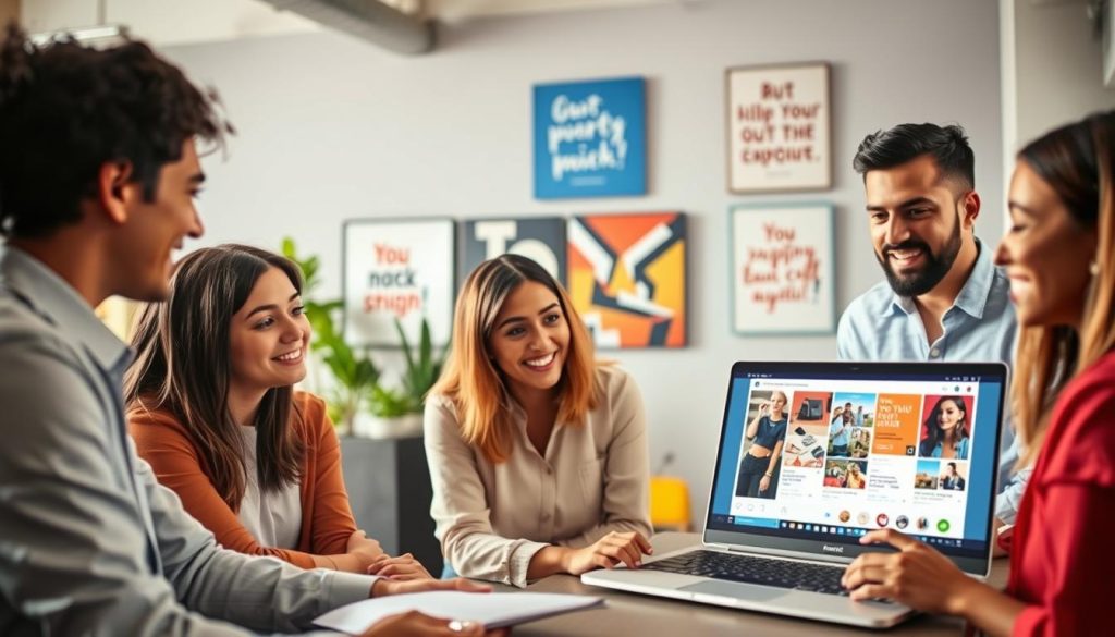A vibrant and engaging scene showcasing "Leveraging Instagram for Visual Advertising". In the foreground, a diverse group of professionals wearing smart casual clothing is discussing social media strategies around a laptop displaying the Instagram interface. The middle layer features large, eye-catching visuals of Instagram posts on the laptop screen, representing engaging advertisements with bright colors and appealing product images. The background includes a stylish office space with plants and motivational artwork on the walls, symbolizing creativity and innovation. Soft, natural lighting floods the room, creating an inviting atmosphere. The overall mood conveys collaboration and enthusiasm for social media advertising best practices. The brand "North Layer" is subtly represented through branded content visible on the laptop screen without text or overlays.