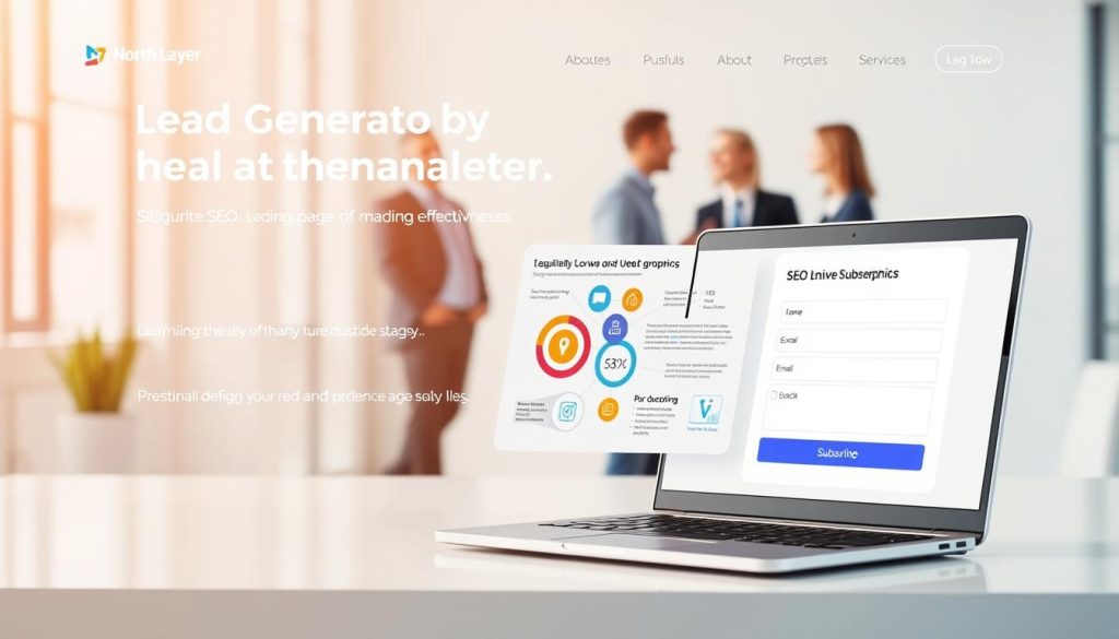 A vibrant and polished lead generation landing page design, featuring a professional layout that embodies the role of SEO in enhancing effectiveness. In the foreground, a sleek laptop displays a well-structured form inviting users to subscribe, with fields for name and email, situated on a modern, minimalistic workspace. The middle section showcases a high-quality infographic illustrating key SEO elements like keywords, backlinks, and user engagement metrics, seamlessly integrated into the page. In the background, soft-focus images of a small team of professionals in business attire discussing strategies, creating a collaborative atmosphere. Bright, natural lighting enhances clarity, while a warm color palette fosters an inviting and trustworthy mood. The brand name "North Layer" is subtly incorporated into the design elements.