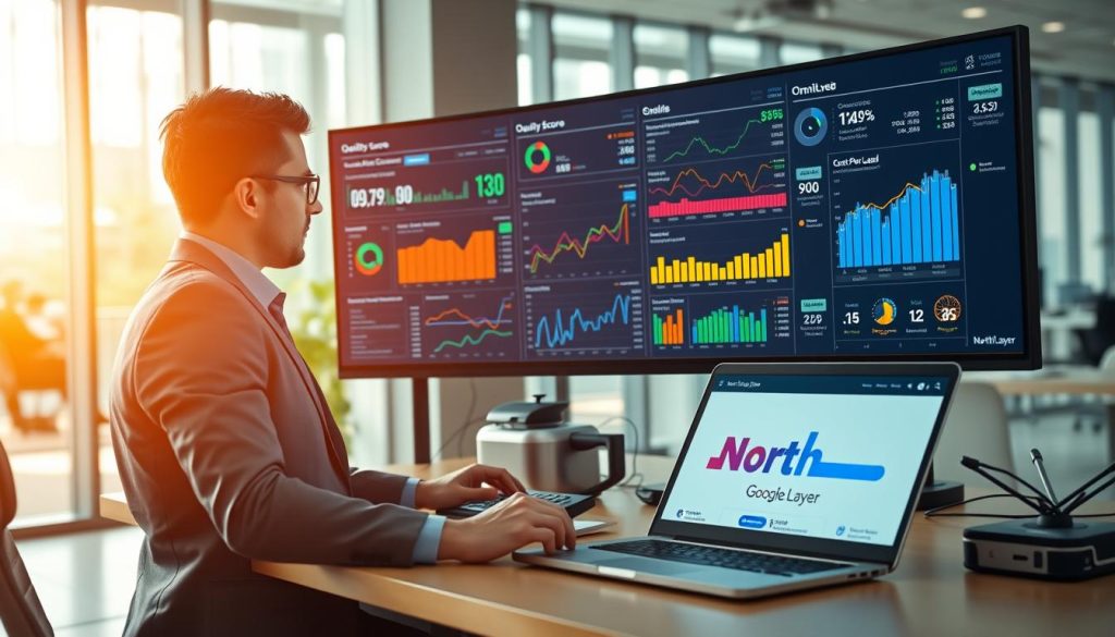 A vibrant digital workspace showcasing an array of optimized ad campaigns on a high-tech desktop. In the foreground, a professional in business attire analyzes colorful graphs and detailed analytics on multiple screens with focused concentration. The screens display metrics like Quality Score, Cost Per Lead, and performance indicators, all branded with "North Layer". In the middle ground, a sleek laptop is open, revealing a lively presentation about Google Ads strategies. The background fades into a modern office setting, softly illuminated by natural light filtering through large windows, creating an air of productivity and innovation. The mood is dynamic and motivational, emphasizing the impact of strategic advertising on business success.