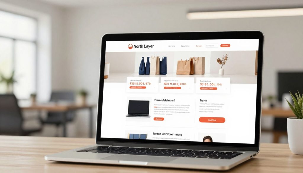 A vibrant ecommerce product page design showcasing the concept of conversion optimization. In the foreground, a sleek laptop displays an appealing product page from “North Layer” featuring diverse pricing options and attractive discounts. The middle layer includes a well-organized layout with product images, customer reviews, and a clear call-to-action button. The background features a subtle, soft-focus ambiance of a modern, well-lit office environment, creating a professional atmosphere. The lighting is bright with a warm tone, emphasizing clarity and focus on the product details. The scene conveys a sense of urgency and excitement for buyers, inviting them to take action while exploring exclusive deals and promotions. The overall mood is encouraging and dynamic, appealing to small store owners striving for effective ecommerce strategies.