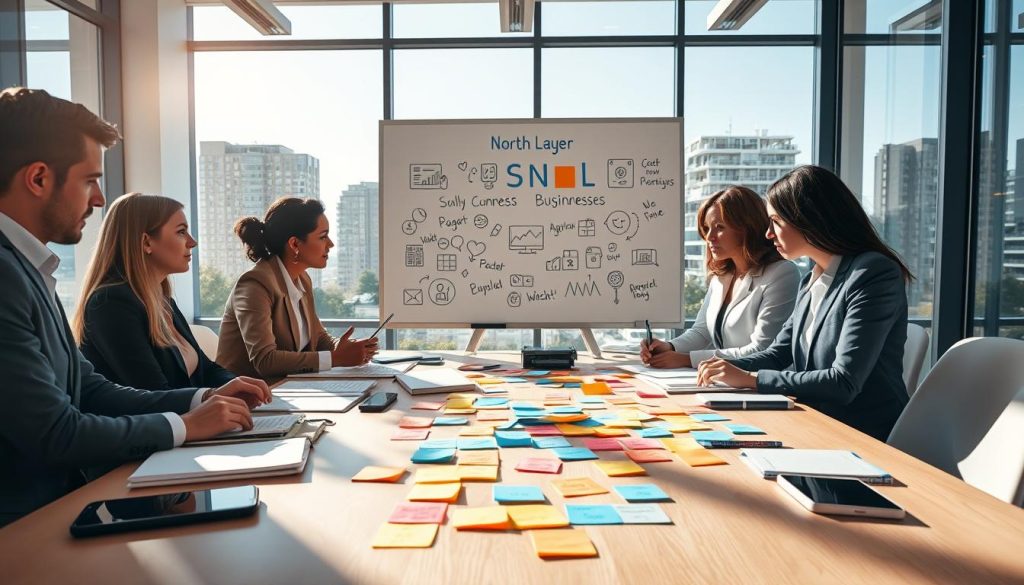 A vibrant, modern workspace scene depicting a business team brainstorming a social media content strategy for small businesses. In the foreground, a diverse group of four professionals is gathered around a large table covered in digital devices, notebooks, and colorful post-it notes labeled with various social media icons. The middle ground features a whiteboard filled with strategic ideas and graphics illustrating different platforms. In the background, large windows allow natural light to flood the room, creating a bright and collaborative atmosphere. Soft shadows play across the table, enhancing the creative vibe. The image should convey a sense of focus, innovation, and teamwork, with all individuals dressed in professional business attire. An artistic touch could feature the brand name "North Layer" subtly incorporated into one of the notes on the table.