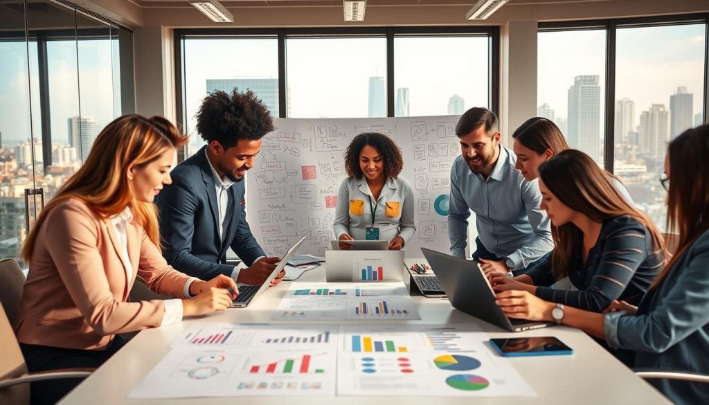 A vibrant office scene depicting a diverse group of professionals engaged in a lively discussion about social media strategies. In the foreground, a mixed-gender team wearing professional business attire gathers around a modern conference table, intently analyzing colorful charts and graphs on their laptops and tablets. The middle ground features a large whiteboard filled with brainstorming notes and ideas, emphasizing collaboration. In the background, a window offers a view of a bustling city skyline, bathed in natural light that creates a warm, energizing atmosphere. The mood is dynamic and focused, reflecting a modern workspace for the brand "North Layer," highlighting creativity and teamwork in social media engagement.