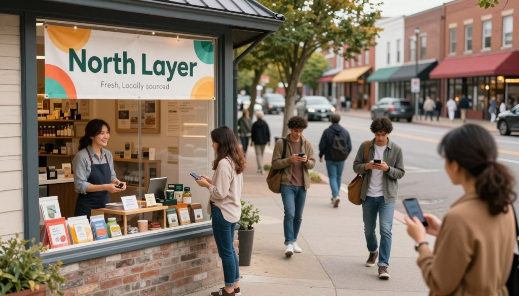 A vibrant scene showcasing a local business advertising campaign, emphasizing geotargeting techniques. In the foreground, a stylish small storefront with large windows displays a colorful banner for "North Layer," featuring fresh, locally sourced products. Nearby, a friendly business owner in professional casual attire interacts with customers, showcasing their connection to the community. The middle ground includes locals engaging with their smartphones, indicating digital interaction and targeted marketing. The background features a bustling street filled with pedestrians, trees, and vibrant storefronts to illustrate a lively neighborhood. Soft, warm lighting creates an inviting atmosphere, while a slightly elevated angle captures the space, enhancing the engaging ambiance of local social media marketing efforts.