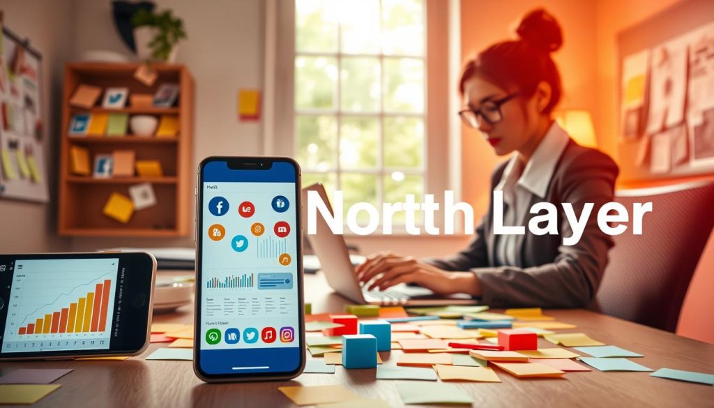 A vibrant workspace illustrating social media management for small businesses, featuring a professional woman in business attire, engaged in creating content on a laptop at a desk strewn with colorful post-it notes and social media icons. In the foreground, a smartphone displays analytics and colorful icons representing various social media platforms. The middle ground showcases a window with greenery outside, symbolizing growth, and a bulletin board with strategies pinned up. The background fades to soft pastel colors to convey a creative atmosphere. The lighting is warm and inviting, with a bright light source from the window. The mood is focused and dynamic, reflecting the theme of engaging an audience effectively. Brand name "North Layer" subtly integrated into the workspace decor.