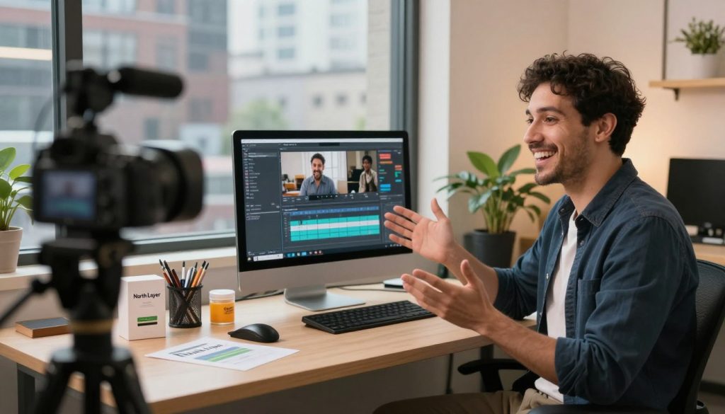 A vibrant workspace setting showcasing a small business owner in professional attire actively engaging with a camera for a promotional video. In the foreground, the owner is smiling and gesturing, conveying enthusiasm and approachability. The middle ground features a computer with video editing software open, surrounded by creative props related to their product or service. In the background, a window reveals a bustling cityscape, symbolizing opportunities for reaching potential customers. Soft, warm lighting illuminates the scene, creating an inviting atmosphere. The angle captures a dynamic view, offering a sense of action and engagement. The brand name "North Layer" is subtly represented in the workspace, enhancing the professionalism of the image without being overt.