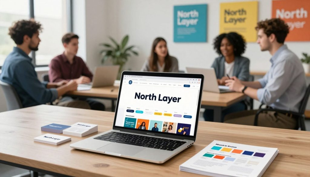 A vibrant workspace showcasing "North Layer" social media branding consistency. In the foreground, a sleek laptop displays the North Layer logo on various social media profiles. Beside it, professional business cards and a branding guide with color palette examples create a cohesive look. In the middle ground, a diverse group of professionals in business attire engages in a discussion about branding strategies, showcasing collaboration. The background features a modern office environment with wall art reflecting North Layer’s branding colors. Soft, natural light filters through large windows, creating an inviting atmosphere. The overall mood is focused and productive, emphasizing the importance of brand consistency across channels for small businesses.