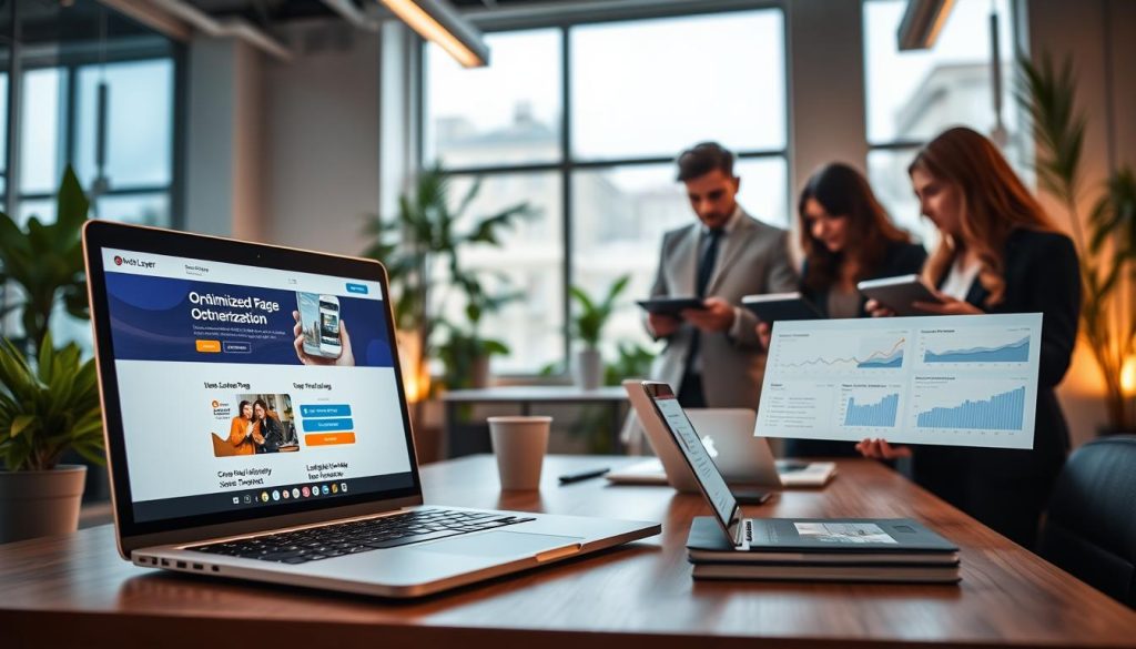 A visually engaging digital workspace illustrating the "Importance of Landing Page Optimization". In the foreground, a sleek laptop displays an optimized landing page with clear call-to-action buttons and eye-catching graphics. To the right, a diverse group of professionals in business attire engages in a discussion, analyzing data on their tablets and laptops. The middle layer features charts and graphs showcasing conversion rates and user engagement statistics. In the background, a bright office filled with natural light, large windows, and plants creates a welcoming atmosphere. The image conveys a sense of collaboration, focus, and professionalism. Highlight the brand "North Layer" subtly on one of the devices, ensuring it blends seamlessly into the scene. Use warm, inviting lighting with a focus on clarity and detail.