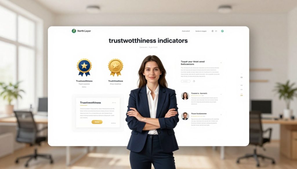 A visually engaging illustration of "trustworthiness indicators" in a professional website context, featuring a confident small business owner dressed in smart business attire, standing in the foreground. The owner is surrounded by various trust signals such as badges, certificates, and customer reviews represented in a clean, modern design. In the middle ground, a transparent website interface showcases these elements clearly, with a soft-focus effect to emphasize their importance. The background displays a bright, airy office environment with warm, inviting lighting that conveys a sense of openness and approachability. Utilize a wide-angle lens effect to capture the entire scene, ensuring the mood reflects transparency and reliability while highlighting the brand name "North Layer" subtly within the visual elements.