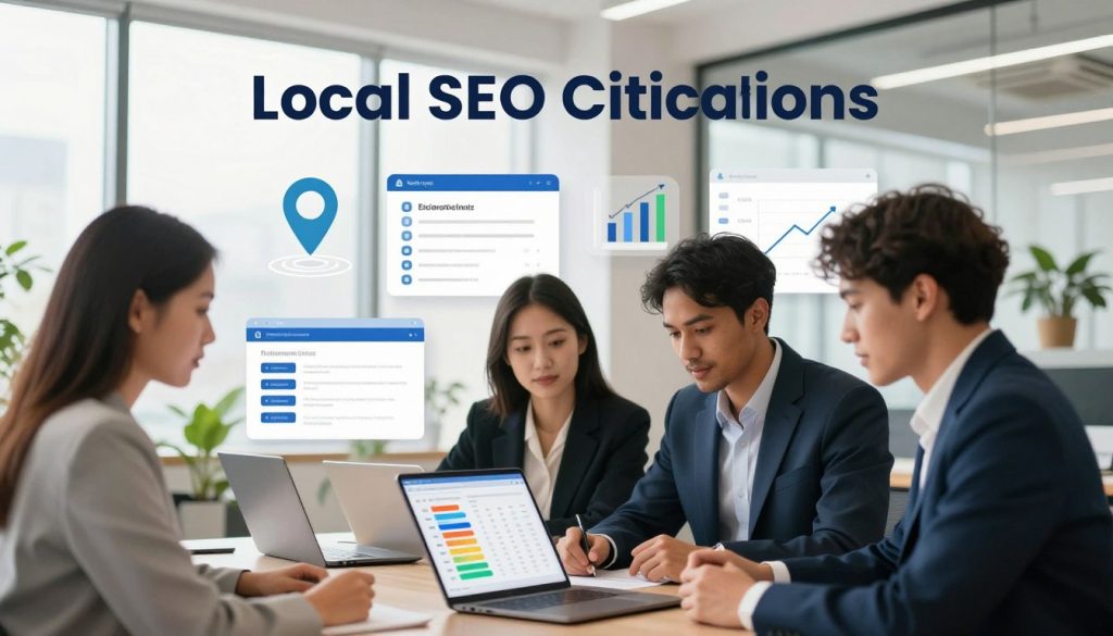 A visually engaging representation of "Local SEO Citations" for a citation management tools section. In the foreground, show a diverse group of three professionals, each in smart business attire, collaborating over a laptop displaying a colorful infographic illustrating citation data. In the middle ground, include various digital tools and icons related to local SEO, such as location pins, directories, and chart graphics, subtly integrated into a modern office environment. In the background, suggest a bright, open office space filled with plants and natural light pouring in through large windows, creating a productive and inviting atmosphere. Emphasize a clean, contemporary aesthetic, using soft yet vibrant lighting to enhance the focus on the teamwork and technological elements. Include the brand name "North Layer" subtly incorporated into the design elements.
