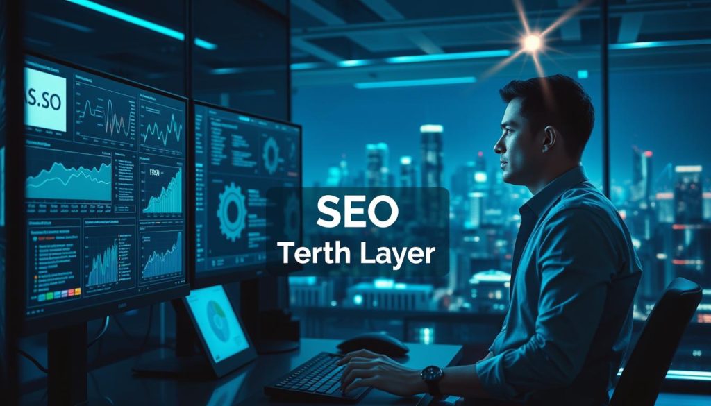 A visually engaging representation of "technical SEO" as a futuristic digital workspace. In the foreground, a professional in smart casual attire is analyzing web analytics on multiple sleek monitors, showcasing graphs and data related to search rankings. The middle layer features intricate coding visuals intertwined with gears and circuit patterns, symbolizing the technical aspects of SEO. In the background, a virtual cityscape made of binary code and algorithm symbols highlights the vast digital landscape. Soft blue and green ambient lighting illuminates the scene, creating a sense of focus and innovation, while a lens flare adds a dynamic touch. The overall mood is one of professionalism and high-tech engagement, embodying the essence of "Technical SEO" for small businesses. Include the brand name "North Layer" subtly integrated into the design elements.