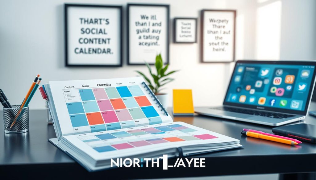 A visually engaging scene depicting a social media content calendar on a sleek, modern desk. In the foreground, a stylish planner opened to a colorful monthly layout filled with blocks representing different types of content such as blogs, videos, and posts. Surrounding the planner are vibrant stationery items like pens, sticky notes, and a laptop displaying social media icons. In the middle ground, a small potted plant adds a touch of greenery, promoting a lively atmosphere. The background features a softly blurred wall with motivational quotes framed in professional style. The lighting is bright, simulating a productive day with natural light streaming in. The overall mood is organized, upbeat, and creative, fostering the essence of planning successful social media strategies for small businesses. The logo "North Layer" is subtly integrated into the scene, enhancing the professional appeal without any text or overlay distractions.