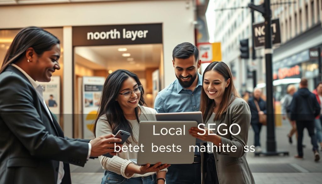 A visually engaging scene representing local SEO best practices for a small business. In the foreground, a diverse group of three professionals in smart casual attire is gathered around a laptop, analyzing their Google Business Profile. In the middle ground, a storefront labeled "North Layer" showcases a modern, inviting design with clear signage and local marketing materials displayed prominently. In the background, a vibrant urban street scene features other small businesses and pedestrians, emphasizing community engagement. Soft, natural lighting illuminates the scene, creating a friendly atmosphere, while a shallow depth of field keeps the focus on the group. The mood is collaborative and optimistic, highlighting the importance of optimizing local online presence.