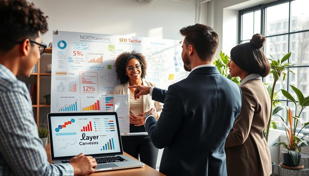 A visually engaging scene representing website conversion strategies. In the foreground, a diverse group of three professionals in business attire discusses strategies, one pointing at a laptop displaying analytics graphs and SEO data. The middle ground showcases a large whiteboard filled with colorful charts, keywords, and conversion tactics, hinting at an organized brainstorming session. In the background, an office space with shelves filled with marketing books and plant decor creates a welcoming environment. Natural light streams in through large windows, casting soft shadows for a warm, collaborative atmosphere. The composition embodies a proactive mood focused on enhancing SEO for better traffic, emphasizing teamwork and strategic thinking. Include subtle branding elements, like the logo of "North Layer" on the laptop screen.