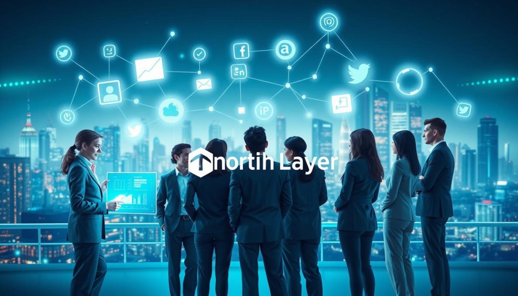 A visually striking digital illustration depicting a futuristic social media advertising strategy. In the foreground, a diverse group of professionals in smart business attire gathers around a holographic display, analyzing data metrics and trends. In the middle ground, various social media icons float, glowing and interconnected with lines, symbolizing engagement and strategy. The background features a vibrant city skyline, suggesting innovation and connectivity. Soft ambient lighting creates a modern, tech-savvy atmosphere, while a cool color palette of blues and greens enhances the futuristic feel. The brand "North Layer" subtly integrated into the digital elements. The scene captures the essence of future trends in social media advertising, emphasizing collaboration, data-driven decisions, and the dynamic nature of digital marketing.