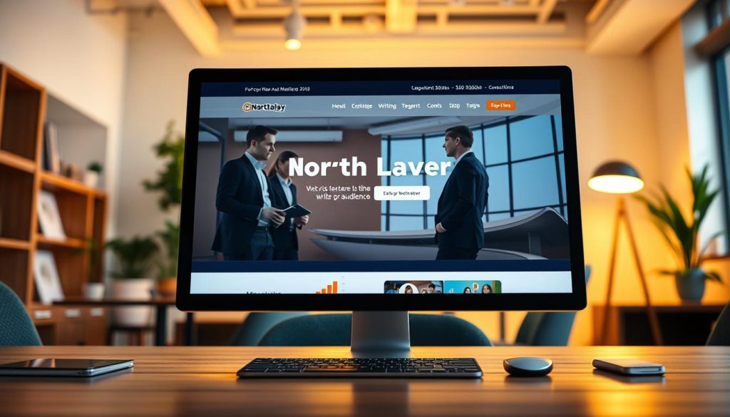 A visually striking, high-converting landing page design concept for small businesses, featuring a clean, modern interface. In the foreground, showcase a sleek computer screen displaying the landing page titled "North Layer", featuring attractive calls-to-action and vibrant imagery that appeals to a diverse audience. The middle layer should include professional individuals in smart business attire, engaged in discussion or brainstorming, embodying a collaborative spirit of writing for the audience. In the background, a softly lit office space with contemporary decor creates an inviting atmosphere. The lighting is warm, with highlights reflecting on the screen, creating a mood of productivity and creativity, captured at eye-level for an immersive perspective.