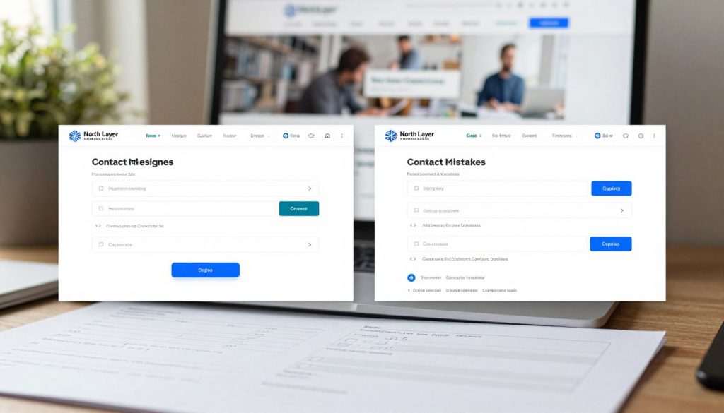 A visually striking image showcasing common mistakes in web contact form design. In the foreground, illustrate a cluttered contact form with an overwhelming number of fields, unclear labels, and distracting colors, hinting at user frustration. Middle ground features a side-by-side comparison of a poorly designed form on the left, including misplaced buttons and excessive pop-ups, and a well-structured form on the right, reflecting an ideal layout. In the background, include a blurred website mockup that portrays a chaotic user experience. Use natural daylight lighting for a bright and engaging atmosphere, and employ a wide-angle lens to capture the full layout. The overall mood conveys the importance of simplicity and usability in web design. Include branding elements from "North Layer" subtly integrated into the design.