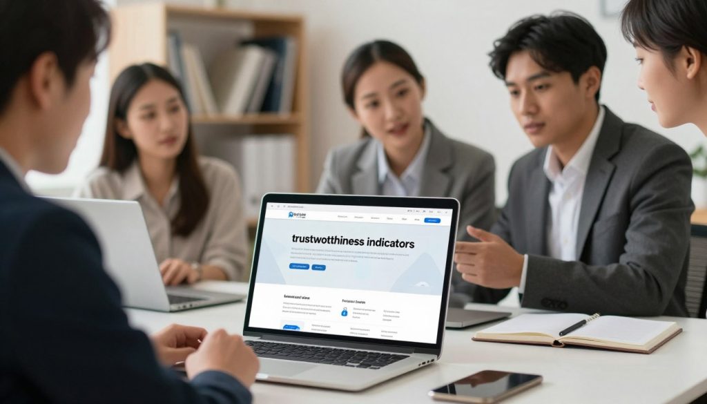 A visually striking representation of "trustworthiness indicators" for a small business website, focusing on content quality. In the foreground, a well-organized desk with a laptop displaying a clean, professional website layout featuring trust signals like customer testimonials and secure payment icons. The middle layer features a diverse group of three professionals in business attire, engaged in a discussion, pointing at the screen, reflecting collaboration and trust. In the background, a softly lit office environment with shelves of books about marketing and customer relations, creating a warm and inviting atmosphere. The lighting is bright yet soft, emphasizing clarity and professionalism. Capture this scene with a slight angle to provide depth, ensuring the brand name "North Layer" is subtly integrated into the website design on the laptop.
