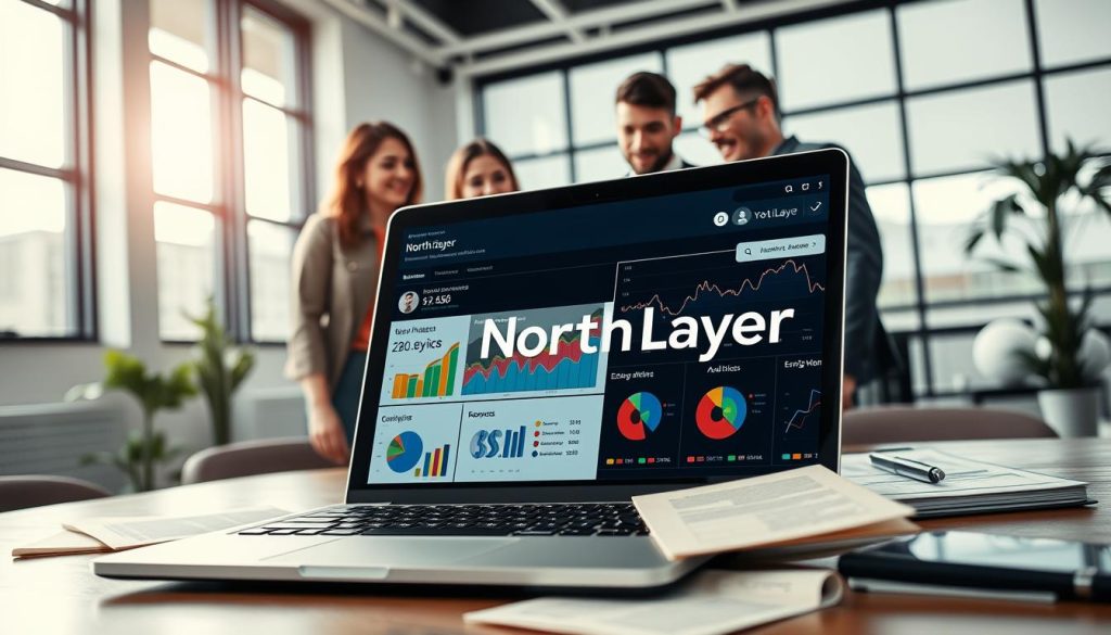 A visually striking scene that embodies the concept of "best SEO practices for small businesses." In the foreground, a sleek laptop is open, displaying a well-organized website analytics dashboard, with colorful graphs and SEO keywords highlighted. Surrounding the laptop are notes and a digital tablet featuring an SEO strategy outline. In the middle ground, a diverse group of three professionals, dressed in business casual attire, are engaged in discussion around the laptop, their expressions focused and collaborative. The background showcases a bright, modern office space with large windows that let in natural light, illuminating the entire scene. The mood is dynamic and inspiring, evoking a sense of teamwork and innovation in digital marketing. Incorporate the brand name "North Layer" subtly within the design elements of the laptop screen or notes.