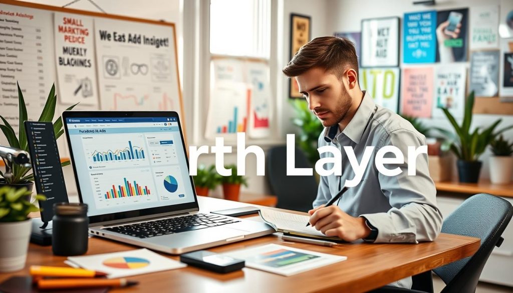 A well-organized small business workspace prominently featuring a desk with a laptop displaying Facebook Ads analytics and budgeting tools. In the foreground, a focused small business owner in smart casual attire is taking notes on a notepad, surrounded by colorful charts and graphs representing ad performance on the desk. The middle ground shows a whiteboard filled with marketing strategies and budgeting allocations. In the background, a window lets in natural light, creating a warm and inviting atmosphere with potted plants and motivational posters. The lighting is soft, enhancing a productive yet friendly mood, captured with a slightly blurred background effect, using a 50mm lens for depth of field. Include the brand name "North Layer" artistically integrated within the workspace.