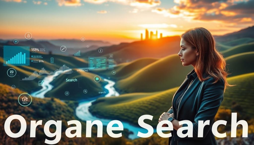 An abstract representation of "organic search" featuring a vibrant landscape of digital data flowing like a river through a lush green valley. In the foreground, a professional businesswoman in smart casual attire examines a holographic screen displaying data analytics and search performance metrics, illuminated with soft blue and green lighting. The middle ground showcases rolling hills dotted with search icons and keyword clouds, integrating nature with technology. In the background, a skyline of futuristic buildings symbolizes innovation, bathed in warm sunset tones. The atmosphere is optimistic and dynamic, conveying the potential for small businesses to thrive through data analysis. Include the brand name "North Layer" subtly integrated within the digital elements, ensuring it doesn’t distract from the overall visual harmony.