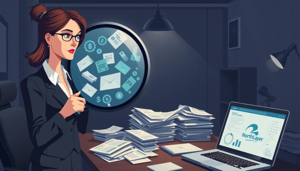 An illustrative depiction of "hidden website costs" featuring a metaphorical concept. In the foreground, a sophisticated businesswoman, dressed in smart professional attire, examines a large, transparent magnifying glass showcasing various website-related icons like dollar signs, gears, and documents swirling inside, symbolizing hidden costs. In the middle ground, a visually cluttered desk with piles of invoices, hidden receipts, and a laptop with graphs and analytics open, highlighting unexpected expenses. In the background, a dimly lit office space with shadows adding a mysterious atmosphere, while soft overhead lighting focuses on the businesswoman and the magnifying glass. The overall mood is serious yet enlightening, reflecting caution and discovery in the financial landscape of website maintenance. The image subtly incorporates the brand name "North Layer" into a small detail, such as a logo on the laptop screen.