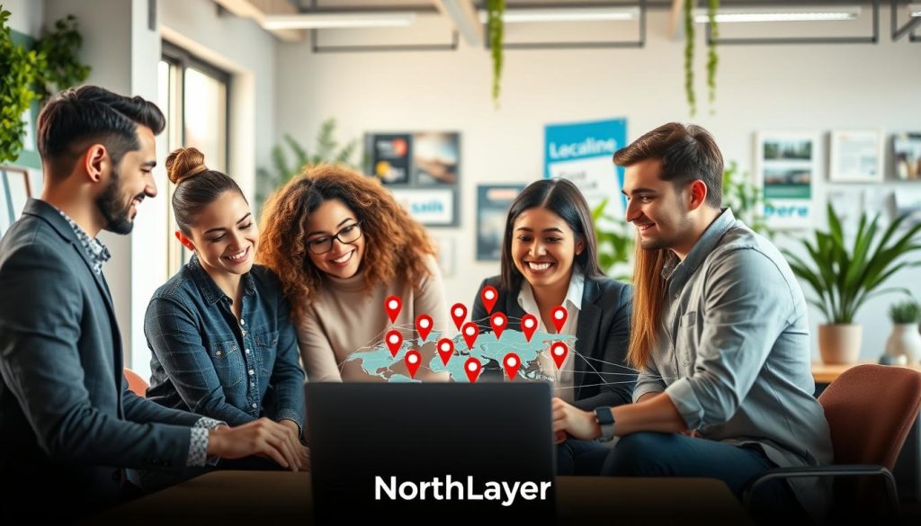 Vibrant and engaging scene showcasing local backlink strategies for small businesses. In the foreground, a diverse group of three professionals dressed in smart casual attire collaborates around a large laptop, discussing local businesses’ online presence. In the middle, a digital map with pins representing various local businesses and connections emanating from them symbolizes backlinking. The background features a modern office space with greenery and digital marketing materials displayed on the walls, creating an inspiring atmosphere. Soft, natural lighting floods the scene, emphasizing a sense of teamwork and innovation. The brand name "North Layer" is subtly integrated into the office decor, ensuring it aligns with the overall theme of improving local SEO.