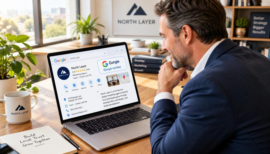 A business owner attentively examining a Google business profile on a laptop, showcasing the Google Verified badge prominently displayed. In the foreground, the owner, a middle-aged man in a crisp white shirt and navy blazer, leans in with a focused expression. The middle layer features a bright, modern office workspace with a large window letting in natural light and plants on the desk. In the background, soft blurs of office supplies and a bookshelf create a professional atmosphere. The lighting is warm and inviting, emphasizing the owner’s enthusiasm about gaining local trust. Shot from a slightly elevated angle to enhance the sense of engagement with the digital platform. Elements like the "North Layer" logo subtly integrated into the office environment suggest professionalism and credibility.
