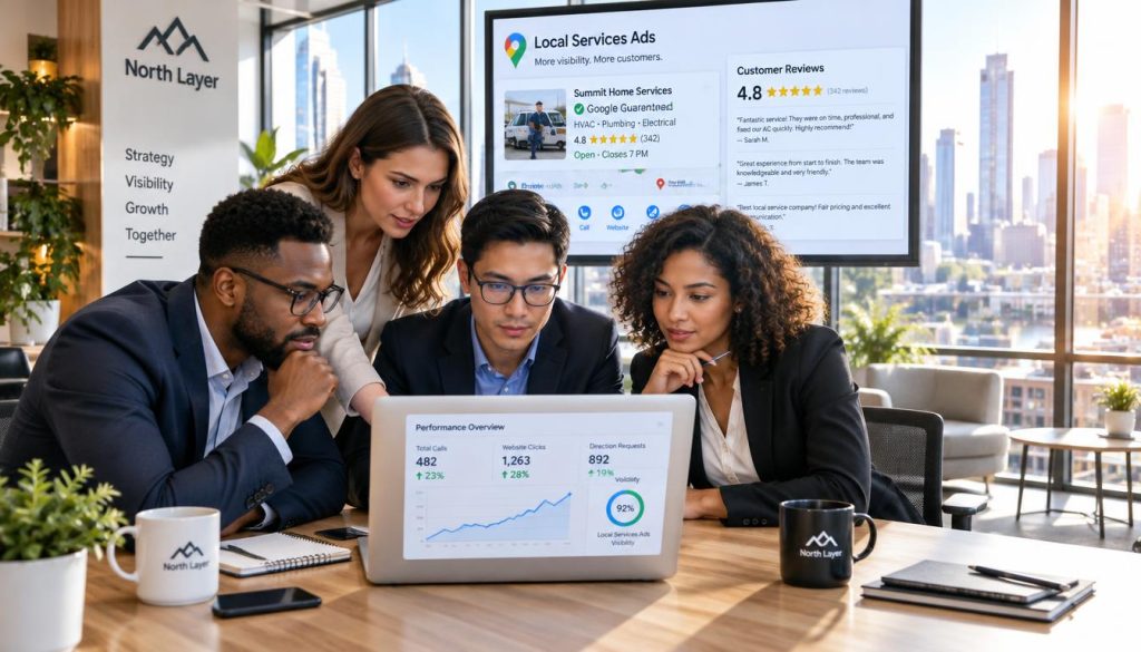 A focused business team reviewing service details and online reviews for Local Services Ads visibility in a bright, modern office setting. In the foreground, a diverse group of professionals, dressed in business attire, leans over a laptop displaying analytics and performance metrics. The middle ground features a large digital screen with visuals related to service listings and customer ratings. The background showcases large windows allowing natural sunlight to flood the space, creating a warm and inviting atmosphere, with city skyline views. The scene conveys a mood of collaboration and critical analysis, captured with a wide-angle lens to emphasize the teamwork aspect while maintaining clarity. The brand "North Layer" subtly integrated into the office decor, enhancing the professional context.