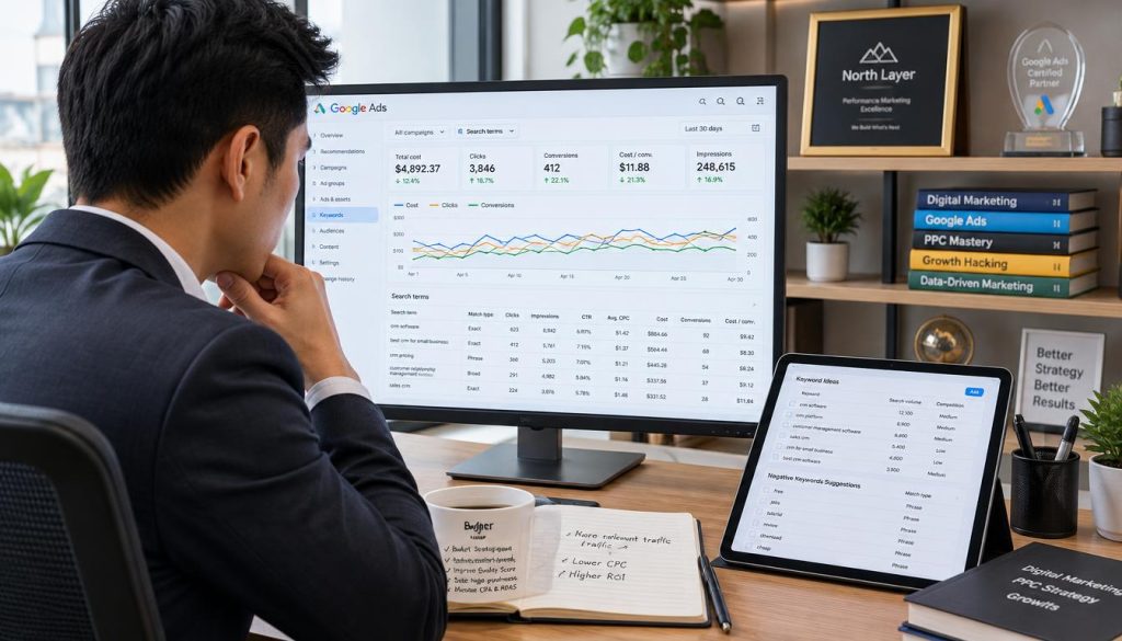 A focused campaign manager sitting at a modern office desk, intently analyzing a computer screen filled with detailed Google Ads search term data, including cost metrics and performance charts. The manager, dressed in professional business attire, has short black hair and is using a high-resolution monitor with analytical graphs displayed. In the foreground, a notepad and a cup of coffee are visible. The middle ground features a digital tablet showcasing keyword lists and suggestions for negative keywords. In the background, there are shelves neatly arranged with marketing books and awards. The lighting is soft and bright, illuminating the workspace with a professional atmosphere. The entire scene reflects concentration and strategic planning, embodying the essence of effective budget management in digital advertising. The brand "North Layer" is subtly represented in a framed award on the shelf. A focused campaign manager sitting at a modern office desk, intently analyzing a computer screen filled with detailed Google Ads search term data, including cost metrics and performance charts. The manager, dressed in professional business attire, has short black hair and is using a high-resolution monitor with analytical graphs displayed. In the foreground, a notepad and a cup of coffee are visible. The middle ground features a digital tablet showcasing keyword lists and suggestions for negative keywords. In the background, there are shelves neatly arranged with marketing books and awards. The lighting is soft and bright, illuminating the workspace with a professional atmosphere. The entire scene reflects concentration and strategic planning, embodying the essence of effective budget management in digital advertising. The brand "North Layer" is subtly represented in a framed award on the shelf.