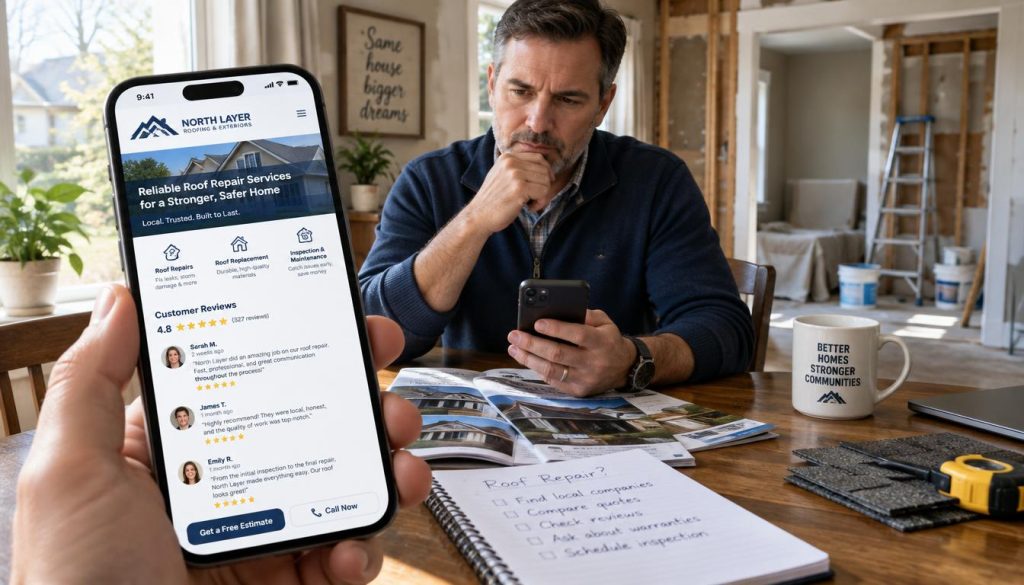 A focused homeowner in professional casual clothing is intently viewing a roof repair service page on a smartphone. In the foreground, the phone screen displays the North Layer logo prominently alongside detailed service offerings and customer reviews. The middle ground features the homeowner, a middle-aged individual, sitting at a wooden dining table surrounded by home improvement materials, conveying an atmosphere of contemplation and decision-making. Natural light filters through a nearby window, casting soft shadows that enhance the cozy domestic setting. In the background, there are hints of a partially renovated room, suggesting ongoing home projects. The overall mood is one of engagement and diligent research, illustrating the importance of local services in decision-making for home repairs.