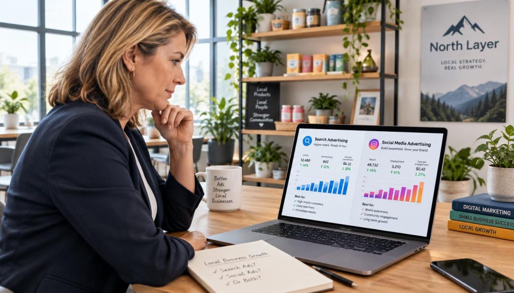 A local business owner, a middle-aged Caucasian woman in professional attire, stands at a modern desk in a bright, airy office space. She is thoughtfully comparing two graphs on her laptop screen, one representing search advertising and the other showing social media advertising. The foreground features her focused expression and the vibrant colors of the graphs. In the middle, shelves lined with potted plants and colorful product displays add a warm touch to the workspace. In the background, large windows let in soft natural light, creating a welcoming atmosphere. The scene should capture a sense of determination and professionalism, emphasizing the importance of choosing the right advertising strategy for local businesses. The branding "North Layer" subtly appears on a poster on the wall.
