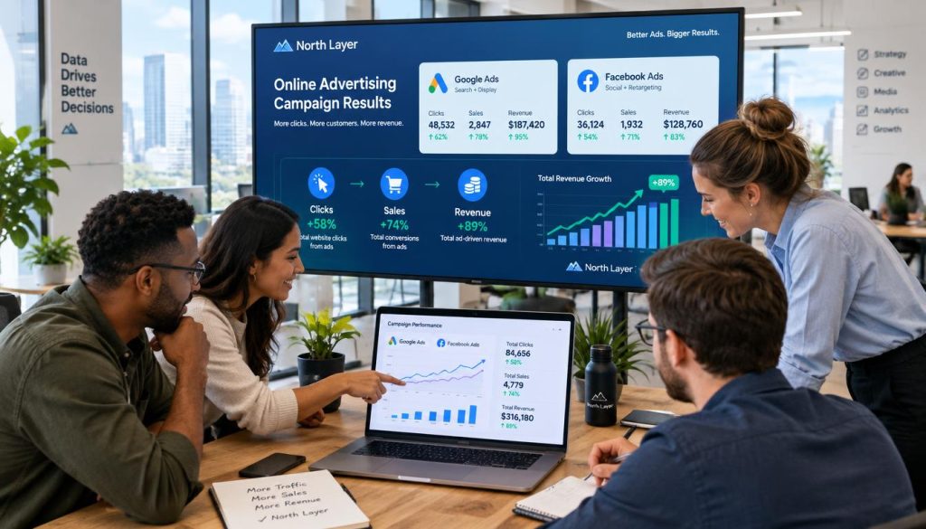 A professional business scene depicting campaign results for online advertising. In the foreground, a diverse group of businesspeople, dressed in smart casual attire, analyze graphs and data on a laptop, showing connections between clicks, sales, and revenue. In the middle, a large digital screen displays visually engaging infographics illustrating the successful impact of Google Ads and Facebook Ads. In the background, a modern office environment with large windows letting in natural light, creating a bright and optimistic atmosphere. The composition should evoke a sense of achievement and data-driven decision-making. The brand name "North Layer" subtly integrated into the digital screen design.