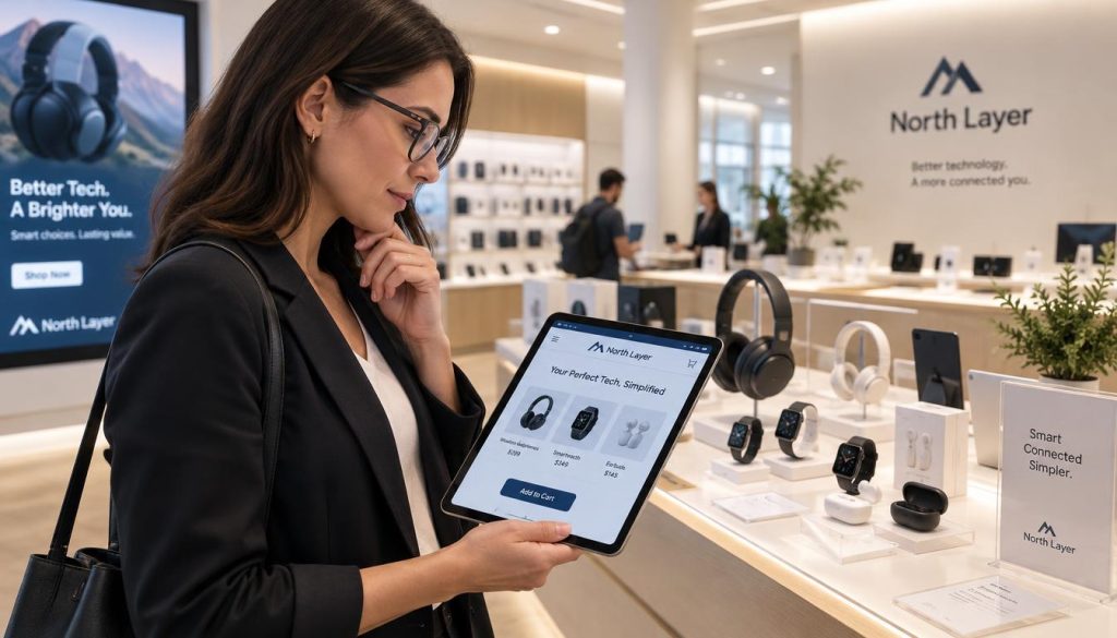 A professional-looking businesswoman in her 30s is standing at a sleek, modern checkout counter, thoughtfully reviewing a tablet displaying product options. The foreground features a close-up of her focused expression, hinting at her previous interaction with an online ad, as she wears a smart blazer and glasses. In the middle ground, a neatly arranged display of various tech gadgets catches her eye, symbolizing her intent to complete her purchase. The background reveals a bright, minimalist store environment with soft lighting that creates an inviting atmosphere, emphasizing a sense of productivity and decision-making. Capture the essence of a successful consumer journey influenced by digital marketing, branded with "North Layer" logo subtly visible on the tablet screen.