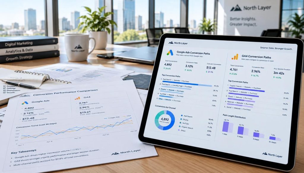 A professional report layout comparing Google Ads and GA4 conversion paths, showcasing a split-screen design. In the foreground, a sleek digital tablet displays vibrant charts and graphs illustrating conversion metrics, with clean lines and a modern interface. The middle layer features an office desk cluttered with paperwork, including a printed report with visual representations of data and statistics, all in a neat arrangement. The background portrays a bright, well-lit office environment with large windows, allowing natural light to flood in. The atmosphere conveys a sense of analysis and productivity, aiming for a focused and insightful mood. The brand name "North Layer" is subtly integrated into the report visuals, ensuring a professional touch.