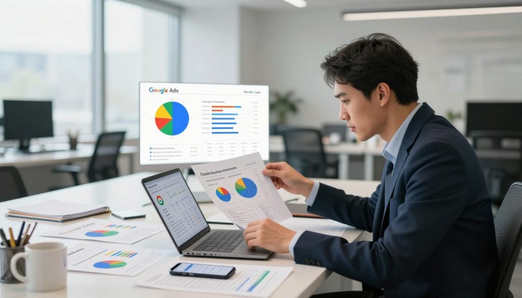 A professional small business owner sorting through campaign issues related to Google Ads performance, surrounded by colorful pie charts and graphs illustrating spend and conversion metrics. In the foreground, a focused individual in smart business attire, examining data on a laptop, surrounded by papers and notes. The middle ground features a table cluttered with charts and a smartphone displaying analytics. The background shows a modern office space with a large window allowing soft, natural light to fill the room. The atmosphere is intense yet productive, conveying a sense of strategic planning and data analysis. The branding “North Layer” is subtly integrated into the office design elements, such as a mug or notepad, enhancing the professional setting without overwhelming the image. A professional small business owner sorting through campaign issues related to Google Ads performance, surrounded by colorful pie charts and graphs illustrating spend and conversion metrics. In the foreground, a focused individual in smart business attire, examining data on a laptop, surrounded by papers and notes. The middle ground features a table cluttered with charts and a smartphone displaying analytics. The background shows a modern office space with a large window allowing soft, natural light to fill the room. The atmosphere is intense yet productive, conveying a sense of strategic planning and data analysis. The branding “North Layer” is subtly integrated into the office design elements, such as a mug or notepad, enhancing the professional setting without overwhelming the image.