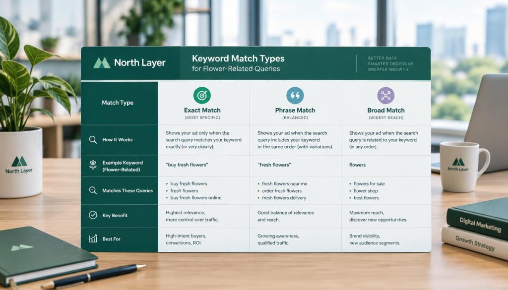 A sleek, professional search terms table comparing keyword match types specifically for flower-related queries, positioned prominently in the foreground against a soft, blurred background of a modern office setting. The table should feature clear columns labeled with "Exact Match", "Phrase Match", and "Broad Match", accompanied by visually appealing icons representing each match type. The table's design should incorporate the brand colors of North Layer and reflect a clean, organized layout. The lighting should be soft and inviting, simulating natural daylight filtering through large windows, creating a focused, productive atmosphere. No people should be present, ensuring the image remains uncluttered and solely focused on the data comparison. A sleek, professional search terms table comparing keyword match types specifically for flower-related queries, positioned prominently in the foreground against a soft, blurred background of a modern office setting. The table should feature clear columns labeled with "Exact Match", "Phrase Match", and "Broad Match", accompanied by visually appealing icons representing each match type. The table's design should incorporate the brand colors of North Layer and reflect a clean, organized layout. The lighting should be soft and inviting, simulating natural daylight filtering through large windows, creating a focused, productive atmosphere. No people should be present, ensuring the image remains uncluttered and solely focused on the data comparison.