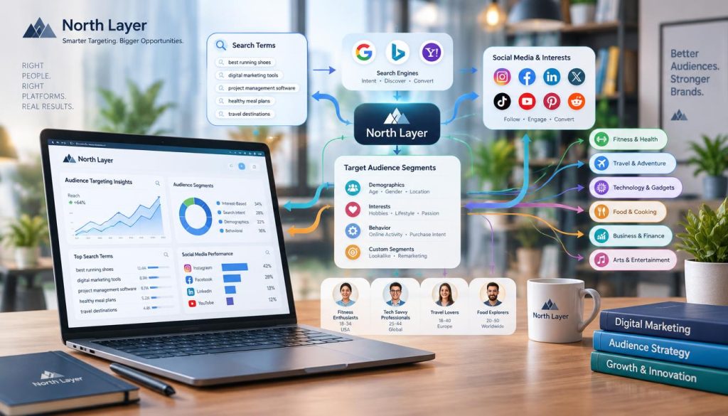 A visually striking and detailed illustration of an abstract concept representing "Audience targeting links, search terms, and social interests." In the foreground, a modern laptop sits on a sleek desk, displaying various data graphs and charts related to digital marketing strategies. In the middle, dynamic flowcharts with arrows emerge from the laptop, connecting to icons of different social media platforms and search engines, symbolizing target audience segmentation. The background should feature a blurred office environment with soft-focus elements like potted plants and bookshelves, enhancing the professional atmosphere. Utilize bright yet balanced lighting to convey a sense of innovation and opportunity. Incorporate the brand name "North Layer" subtly within the design elements, ensuring it flows naturally. The overall mood should be focused and aspirational, inviting viewers to explore the potential of effective audience targeting.