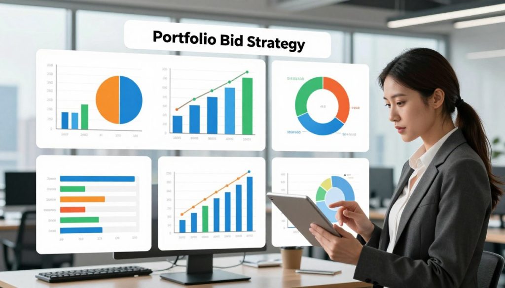 Several digital marketing campaigns represented as colored charts and graphs grouped together under an umbrella labeled "Portfolio Bid Strategy" in a sleek, modern office environment. In the foreground, a professional woman in business attire examines the data on a tablet, her focused expression reflecting a strategic mindset. In the middle ground, dynamic bar graphs and pie charts vividly display performance metrics, with varying colors to illustrate different campaigns, enhancing clarity and engagement. In the background, large windows allow natural light to pour in, creating an uplifting atmosphere, while a city skyline can be seen in soft focus. The overall mood is one of innovation and determination, emphasizing the effectiveness of a unified bidding strategy for small businesses. North Layer should subtly feature in the office branding.
