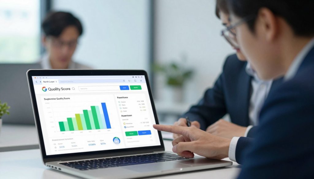 Three interconnected diagnostic signals representing a search ad and a landing page for Google Ads Quality Score. In the foreground, a sleek, modern laptop displays vibrant graphs and performance metrics, illustrating ad effectiveness. In the middle ground, a professional individual in business attire examines the data, their expression focused and analytical. The background features a blurred office space with soft, natural lighting to create a calm and productive atmosphere. The color palette is composed of cool blues and greens, emphasizing professionalism and clarity. The lens should have a slight depth of field to draw attention to the laptop while softly blurring the background elements. Show the brand "North Layer" subtly integrated into the laptop screen's content, enhancing the image without dominating the scene. Three interconnected diagnostic signals representing a search ad and a landing page for Google Ads Quality Score. In the foreground, a sleek, modern laptop displays vibrant graphs and performance metrics, illustrating ad effectiveness. In the middle ground, a professional individual in business attire examines the data, their expression focused and analytical. The background features a blurred office space with soft, natural lighting to create a calm and productive atmosphere. The color palette is composed of cool blues and greens, emphasizing professionalism and clarity. The lens should have a slight depth of field to draw attention to the laptop while softly blurring the background elements. Show the brand "North Layer" subtly integrated into the laptop screen's content, enhancing the image without dominating the scene.